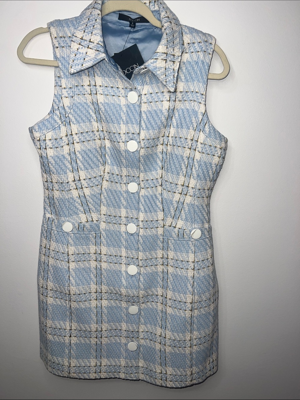Sleeveless Light Blue Plaid Mini Dress by Vaccin